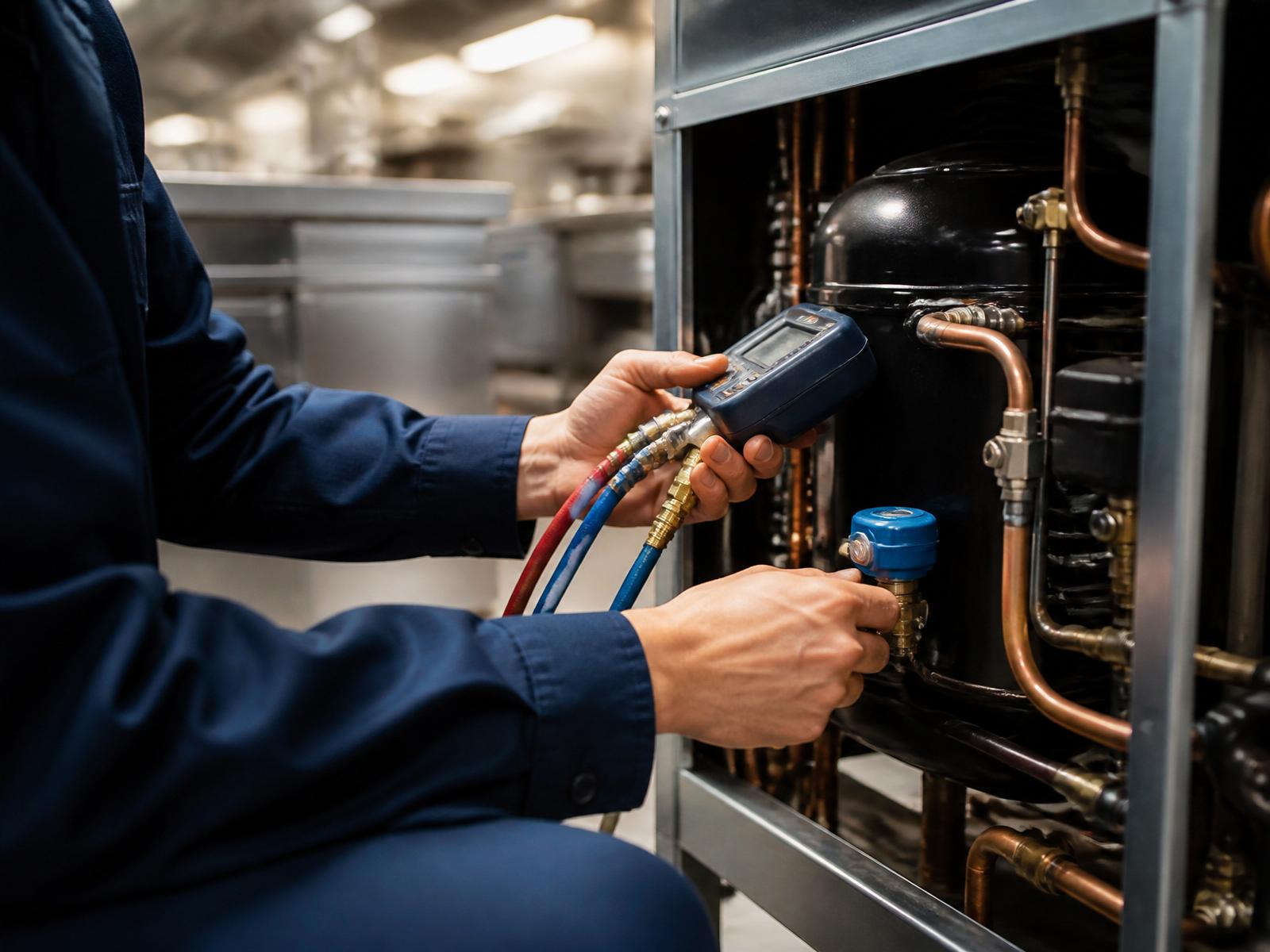 Norcold engineer performing precision diagnostic work on a commercial compressor