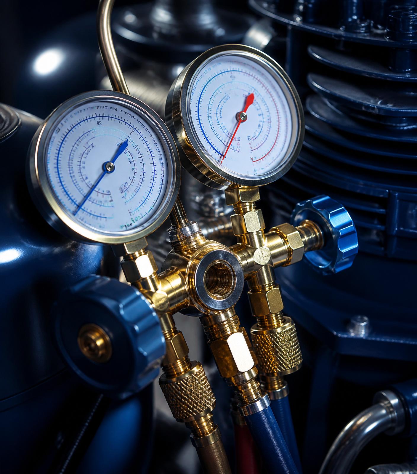 Refrigeration manifold gauge set on a commercial compressor