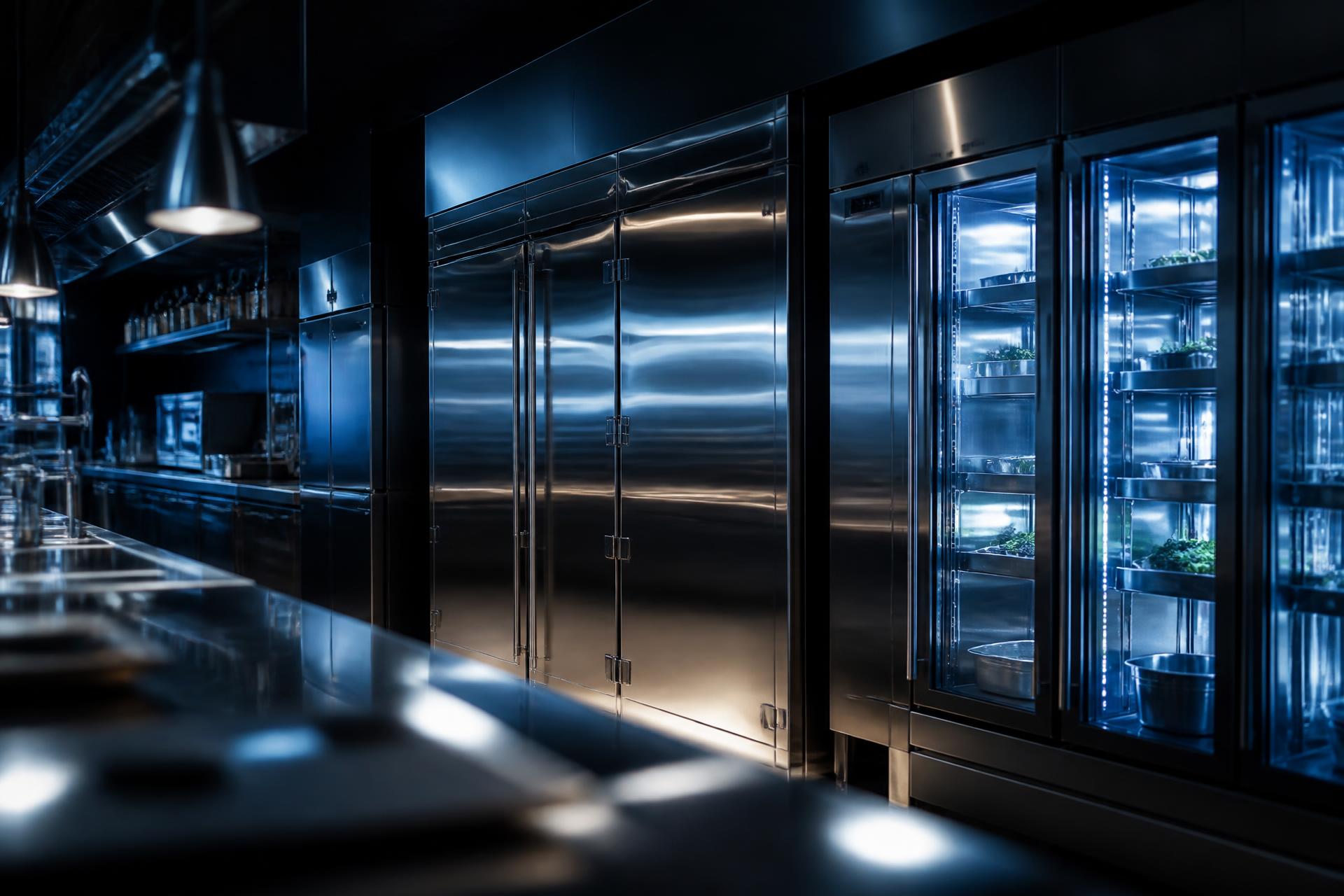 Premium commercial refrigeration equipment in a modern stainless steel commercial kitchen